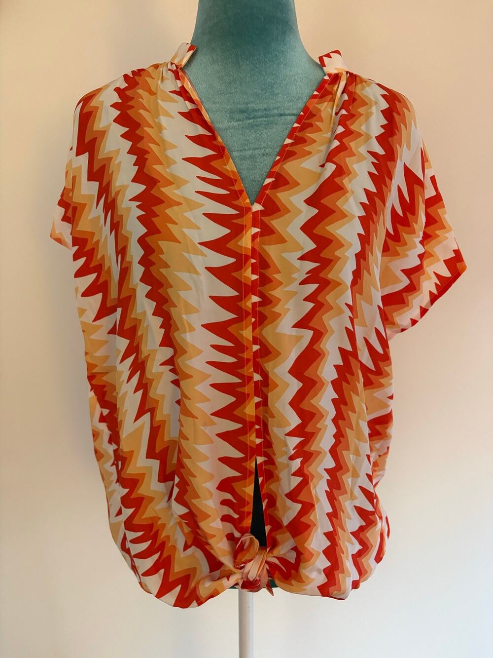 Marie Oliver 100% Silk ZigZag Tie-Front Top Orange Yellow Retro 70s retro resort